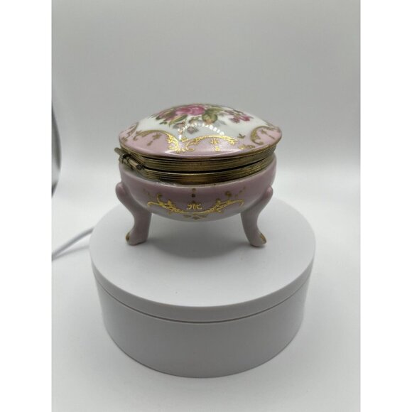 Porcelain Hand Painted Trinket Box Hinged Lid 4 Pedestal Legs Pink Floral VTG - Picture 10 of 16